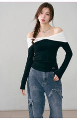 ASGONY Off-Shoulder Long-Sleeve Top - Black