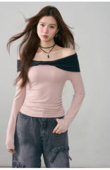 ASGONY Off-Shoulder Long-Sleeve Top - Pink