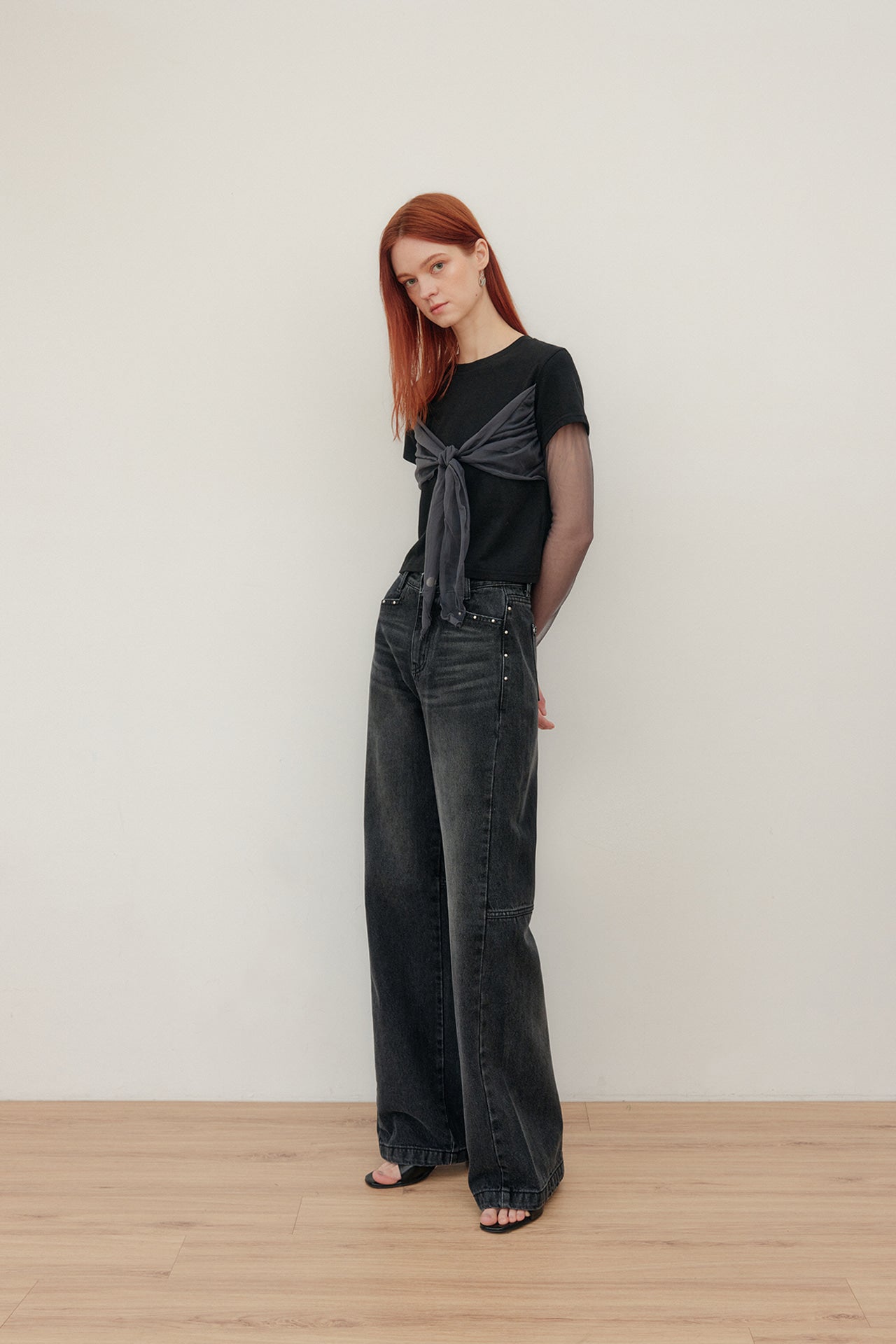 YUSE HOT FIX WIDE DENIM PANTS - BLACK