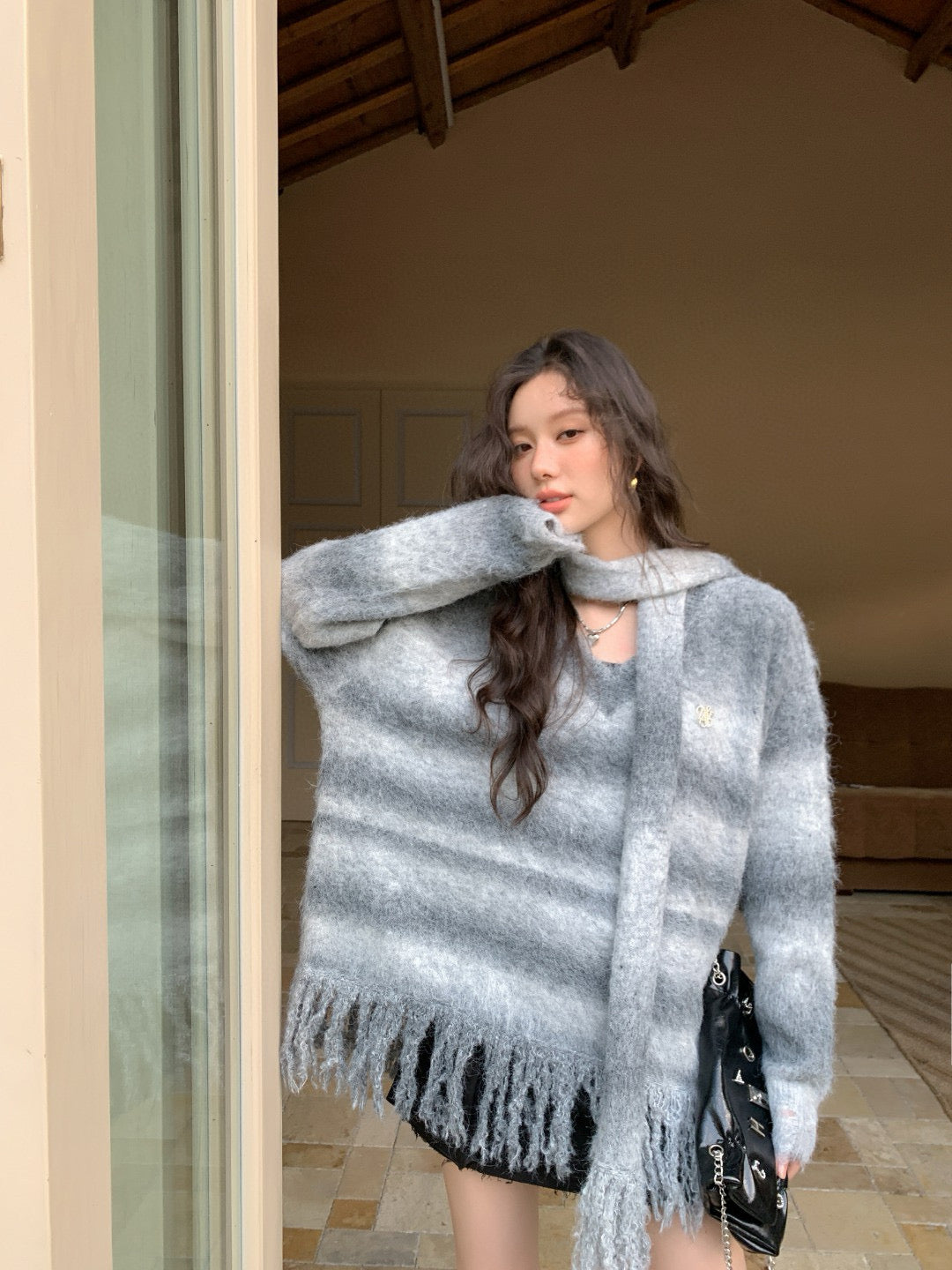 La Freedom Ombre Fringe Knit Sweater - Gray