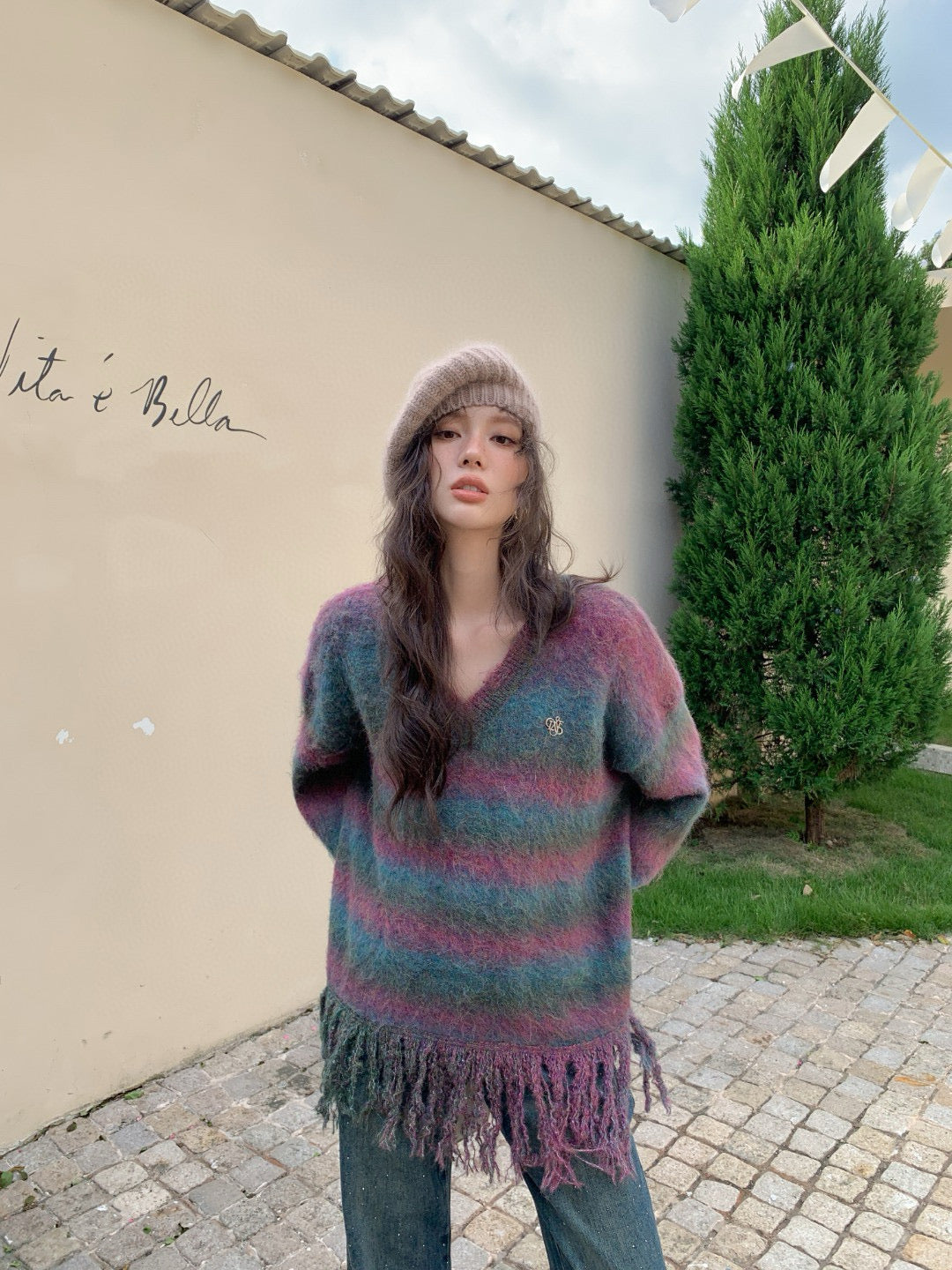 La Freedom Ombre Fringe Knit Sweater - Purple