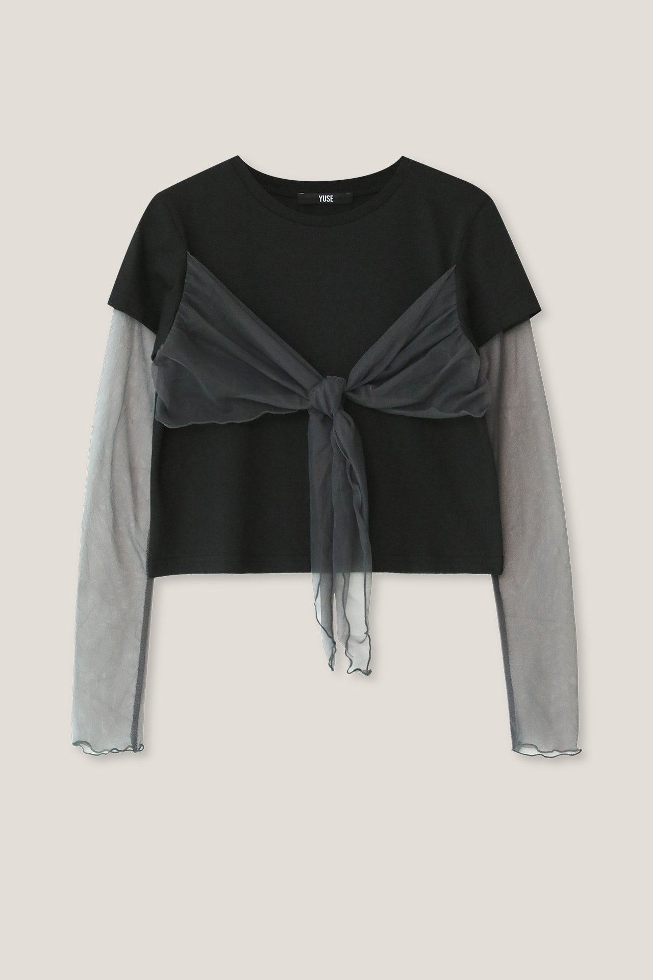 YUSE MESH RIBBON LAYERED T-SHIRT -BLACK