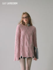 La Freedom Relaxed Frayed Chenille Sweater-Pink