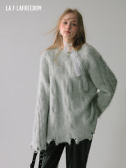 La Freedom Relaxed Frayed Chenille Sweater-Gray