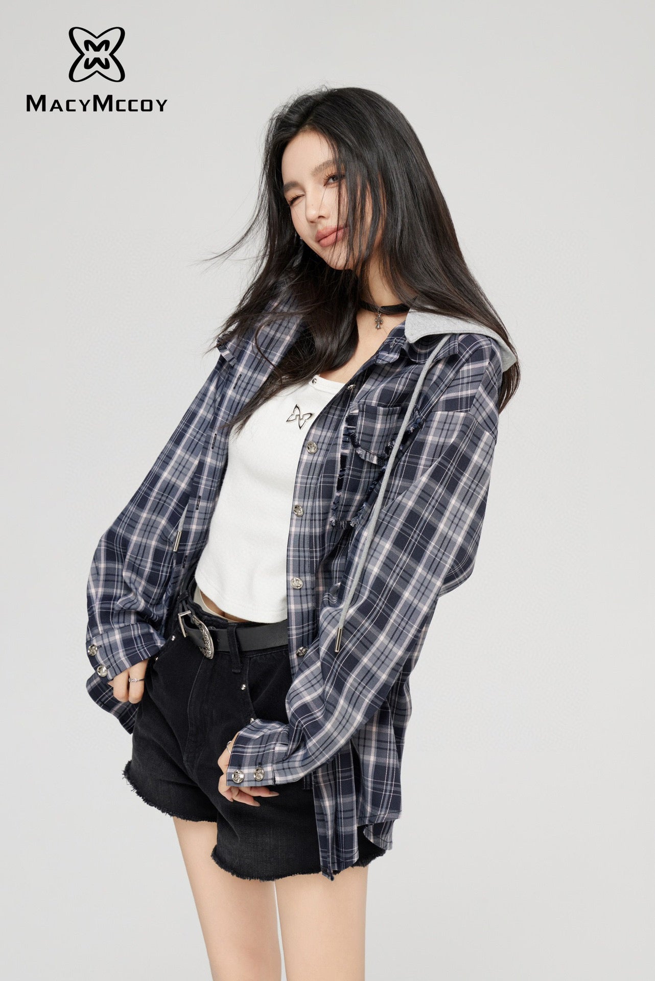 MacyMccoy Detachable Checkered Shirt with Removable Hat