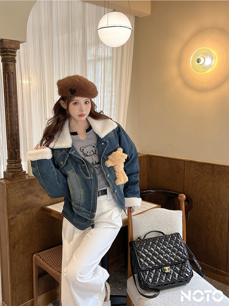 NOTO Teddy Bear Denim Puffer Jacket