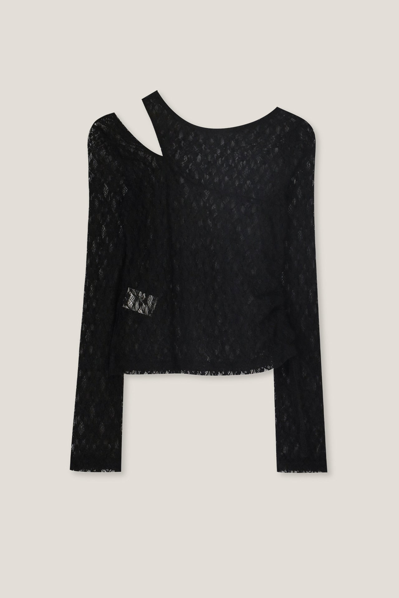 YUSE CUT OUT LACE SHIRRING TOP - BLACK